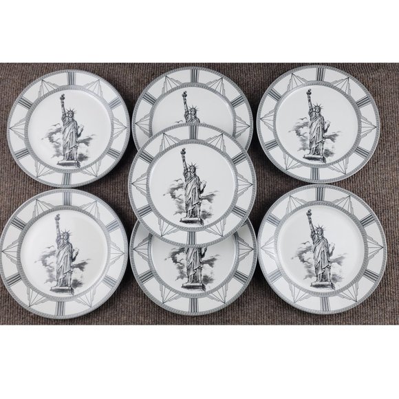 Royal Norfolk Statue of Liberty Art Deco Salad Dessert Plates Set 7 Unused - Picture 4 of 7